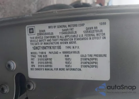 2000 Chevrolet Blazer Ls from USA, damaged, VIN 1GNCT18W7YK161195